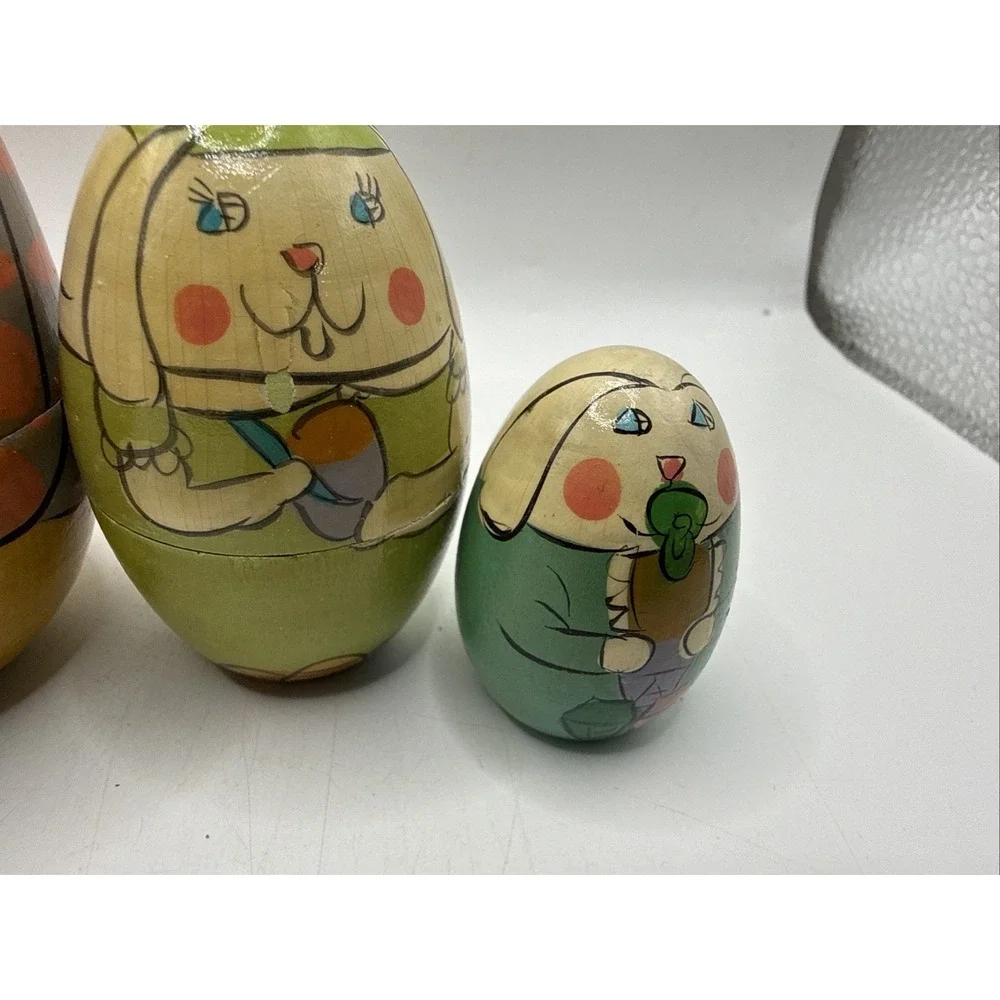 VTG Bunny Rabbit Russian Nesting Dolls Set of 5 Hand Painted Wooden Easter 5
